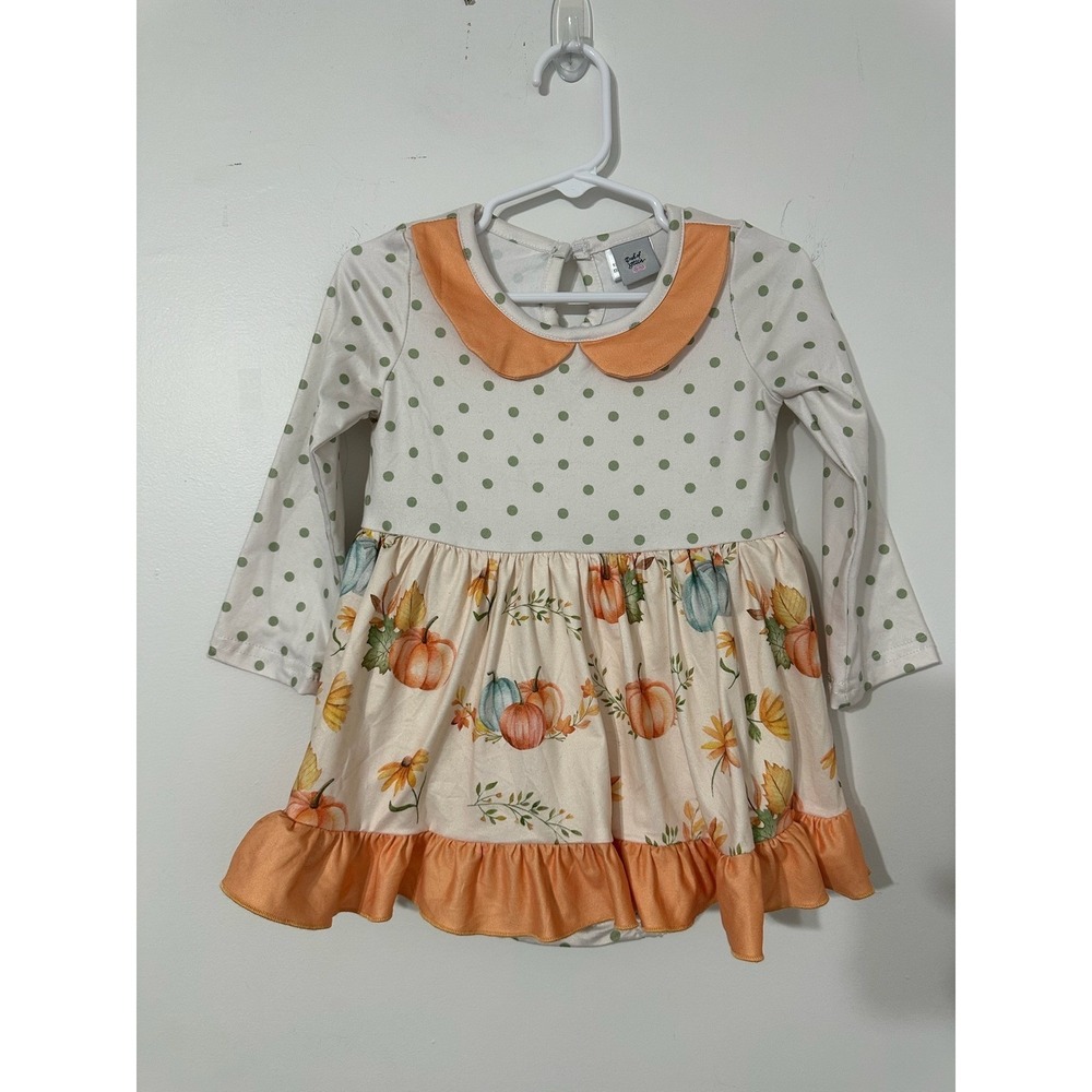 Dash of Glitter Baby Girl Fall Pumpkin Polka Dot Romper  Orange Green 12-18M